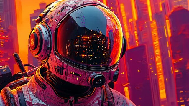 An astronaut with a futuristic helmet reflecting a city skyline.