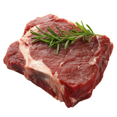 Fresh raw beef cut with sprig of rosemary nearby isolated transparent