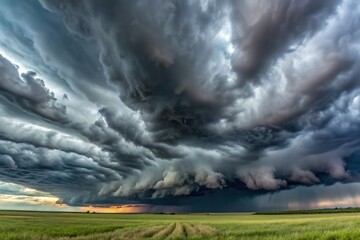 sky, panorama, symmetrical, storm, cloudscape, gray, gloomy, Thunderclouds over horizon cloudscape storm Panorama of a gray gloomy sky Symmetrical