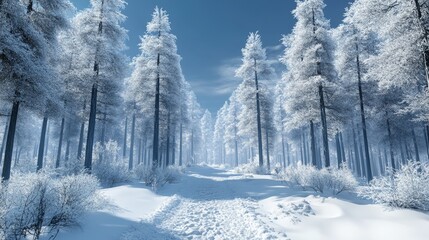 Obraz premium Snow-covered winter forest landscape with tall trees and clear sky