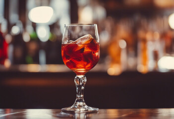 Glass of negroni vermouth campari drink on bar and bar view