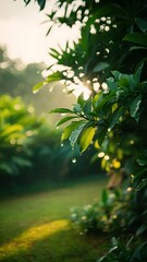 Obraz premium Defocus light from greenery and water drops. Green blurred defocus background natural.