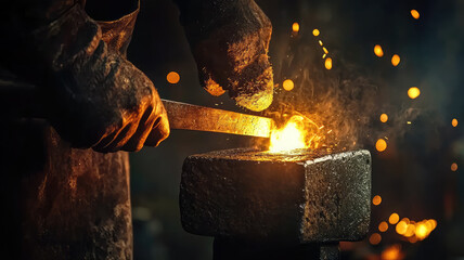 A blacksmith hammering glowing piece of metal, sparks flying around