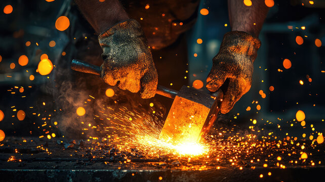 A blacksmith hammering glowing metal, sparks flying in air, creating dynamic scene