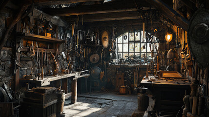 A blacksmith shop filled with armor and weapons, showcasing craftsmanship and history