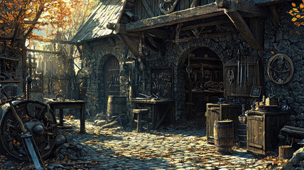A blacksmith shop in fantasy world with enchanted elements, showcasing intricate tools and rustic charm