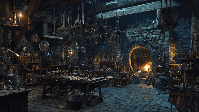 A blacksmith shop in fantasy world with enchanted weapons and tools