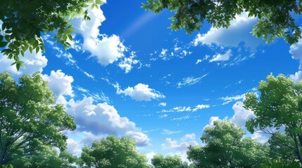 Obraz premium Fluffy white clouds drift across a vibrant blue sky, surrounded by lush green trees. The tranquil setting evokes a sense of peace and harmony in nature