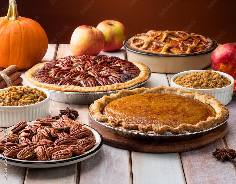 Wall mural homemade thanksgiving pies: pecan pie, pumpkin pie, apple pie on a wooden table