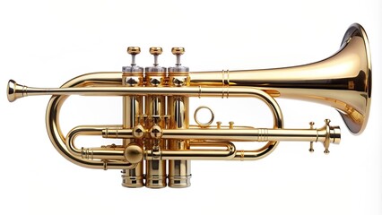Obraz premium Trumpet classical instrument isolated on white Wide Angle, isolated, valve,trumpet, isolated on white, reflection, jazz, wide-angle, musician, play, symphony, wind instrument