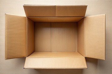 Fototapeta premium Brown corrugated cardboard box seen from a top side angle with a minimalistic design, cardboard, brown, delivery, thin, packaging, rectangle, minimalist, plain, angle, corrugated, empty