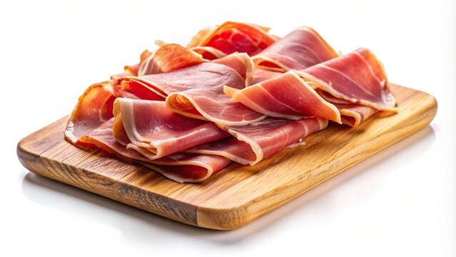 Spanish serrano ham on cutting board isolated on white background Low Angle, savory, meat, close-up, cured, Spanish, white background, mouthwatering, charcuterie, cuisine