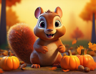 Fototapeta premium Cute autumn squirrel with nuts and pumpkins, 3D style illustration