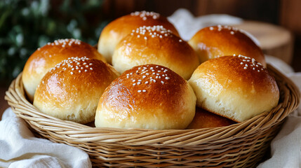 Freshly baked sesame seed rolls in a wicker basket on a rustic wooden table