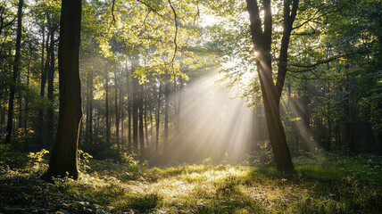 Obraz premium A calm forest with sunlight filtering through trees creates serene atmosphere