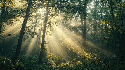 Obraz premium A calm forest with sunlight filtering through trees creates serene atmosphere