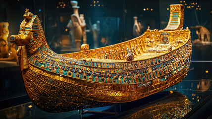 A ceremonial boat for pharaoh, richly decorated with intricate designs and gold