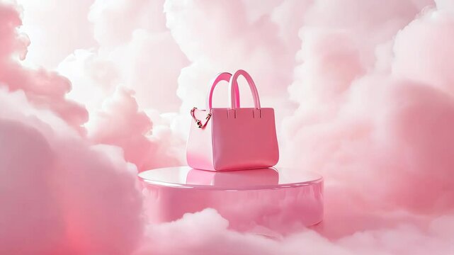 A pink tote bag on a round base with a light pink pastel background.