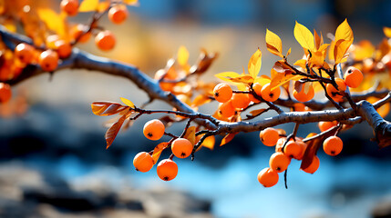 Leafy Tree Branch in Radiant Autumn Colors, Showcasing the Transition of Seasons in a Stunning Fall Scene