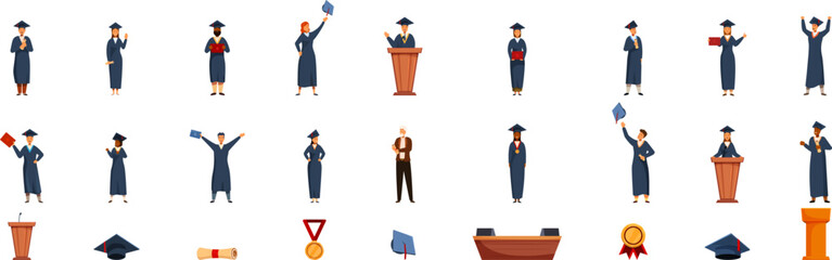 Graduate stage icons set. Graduates are celebrating their academic achievements, holding diplomas, tossing caps, and standing at podiums