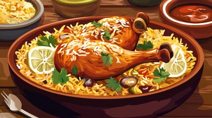 biryani rice, indian meal, chicken, vector 