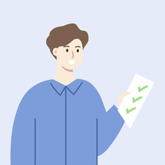 Smiling businessman holding checklist report. Business, achievement, performance, productivity, task concepts. Flat character vector design illustration isolated on background.