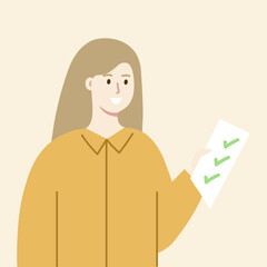 Smiling businesswoman holding checklist report. Business, achievement, performance, productivity, task concepts. Flat character vector design illustration isolated on background.