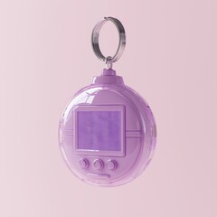 Retro handheld digital pet device in purple color isolated on light pink background, toy, gadget, vintage game
