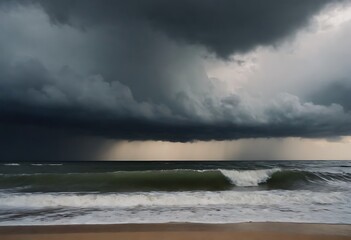 Dark, dramatic storm clouds gathering over the ocean, with a sense of impending rain and waves crashing against the shore.