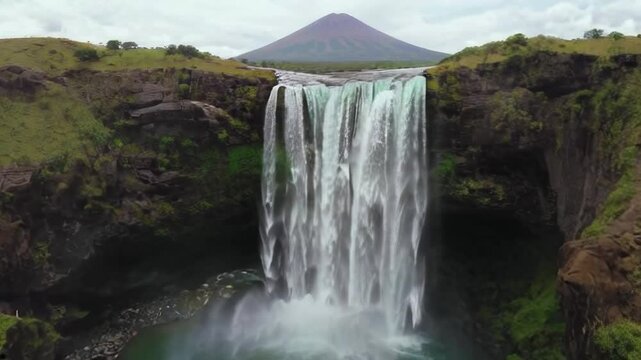 waterfall and mountain scenery. fantasy imaginary view.