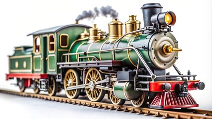 Obraz premium A close up view of an isolated toy train with a steam engine locomotive in forced perspective, wheels, engineering, imagination, model, plaything, isolated, childhood, perspective