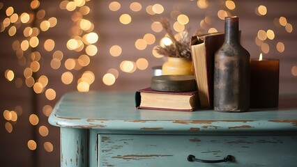 Close up view of wooden tabletop and defocused bokeh lights backdrop