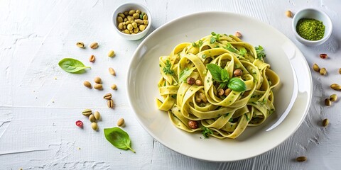 plate, dish, lunch, table, bird's eye view, culinary, gourmet, pasta, Italian cuisine, pesto, recipe, homemade, sauce, Tagliatelle pasta with pistachio and sauce pesto Bird s Eye View