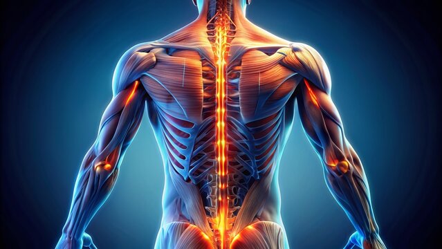 Illuminated 3D model of the human torso, highlighting the intricate network of muscles in the lower back, including latissimus dorsi and erector spinae.