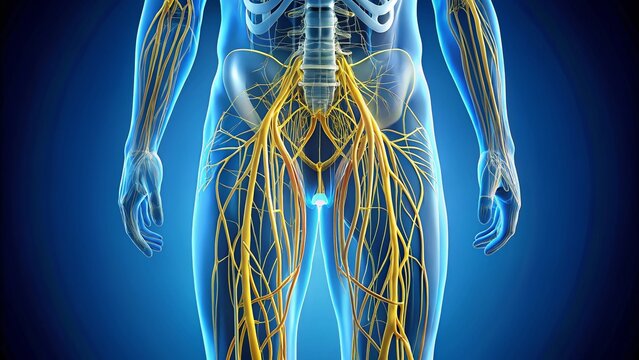 Illustration of the lateral cutaneous nerve of the thigh, a sensory nerve that supplies the outer aspect of the thigh, with intricate anatomical details.