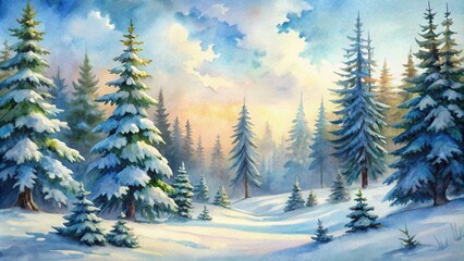 Obraz premium A detailed winter watercolor landscape depicts a charming snow covered forest viewed from a tilted angle, covered, forest, watercolor, snow, tilted, angle, landscape