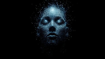 Futuristic abstract face made of glowing digital particles in dark background