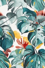 Abstract Watercolor Sketch of Monstera Leaves on White Background, Ideal for Graphic Design and Decorative Projects