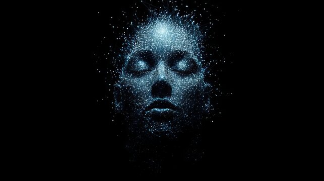 Futuristic abstract face made of glowing digital particles in dark background