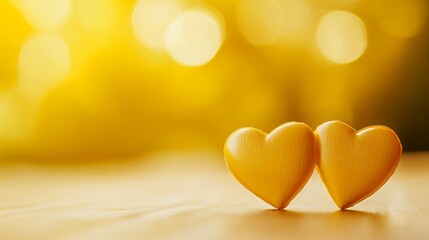 Fototapeta premium Two golden heart shapes against a bokeh background.