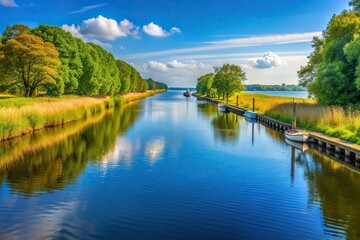 Obraz premium A medium shot of the Nord Ostsee Kanal near Kiel in Schleswig Holstein Germany featuring Andrea, bridge, Germany, infrastructure, vessel, travel, engineering, scenic, boat, shipping