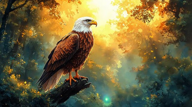 A majestic bald eagle perched on a branch in a sunlit forest.