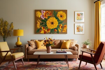 Eclectic Living Room Decor with Mustard Yellow Floral Artwork Featuring Bright Sunny Flowers and Warm Color Palette