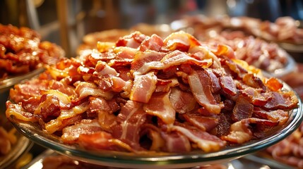 many delicious bacon on dish
