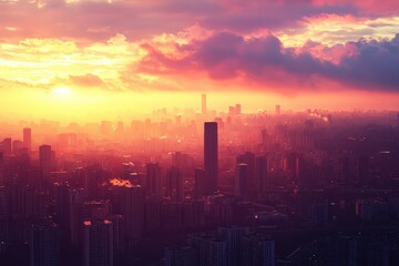 Fototapeta premium An inspiring cityscape captured at sunset, perfect for a dramatic website banner background.