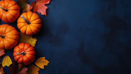 Pumpkins and autumn maple leaves on dark blue background. Thanksgiving day concept. 16x9 banner, copy space.
