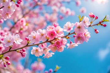 Obraz premium Blooming cherry branch with delicate pink flowers against a clear blue sky seen from above, vibrant, pink flowers, season, beauty, scenery, bird's eye view, aerial, nature,cherry branch