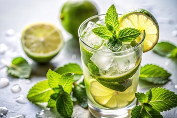 Fototapeta premium refreshing, beverage, lime, bar,mojito, close-up, drink, citrus, A close up stock photo of an isolated mojito cocktail with lime and mint leaves captured from an eye level perspective