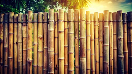 Obraz premium peaceful, texture, picture style, rustic, stock photo,bamboo fence, garden, outdoors, A vintage style low angle photograph of a bamboo fence setting with a captivating background