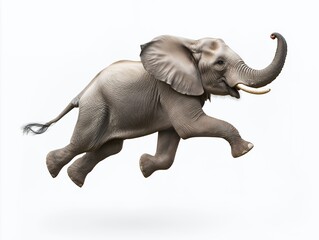 A playful elephant in mid-air leaps with its trunk curled upwards, showcasing its powerful muscles and grace.